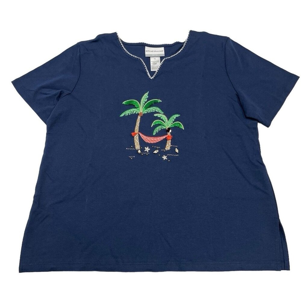 Alfred Dunner Top Blue Embroidered Shirt Size PM Tropical Palm Tree Vacation